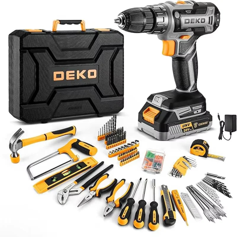 Kit trapano a batteria DEKO da 20 V con batteria, riparazione manuale, trapano da uomo, cassetta degli attrezzi di base, adatto per utensili domestici