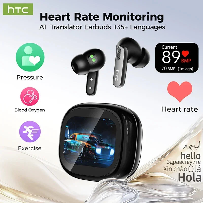 HTC NE46 Cuffie Bluetooth wireless sportive con cardiofrequenzimetro Touchscreen LED Riduzione del rumore Traduttore AI in-ear Earbu