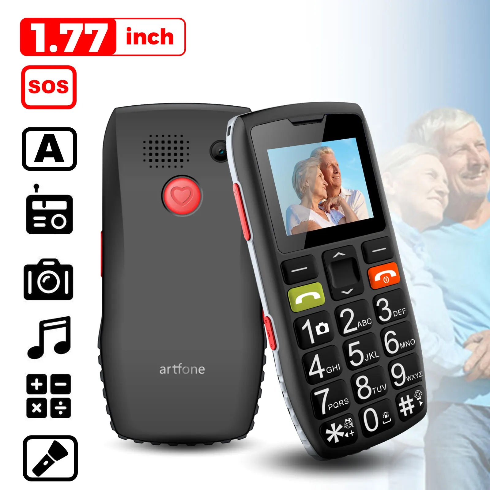 Bar Senior Mobile Phone Artfone C1+ With Free Charging Dock C1 Big Rubber Keypad  For Elderly Dual Sim One Key SOS FM 1400mAh