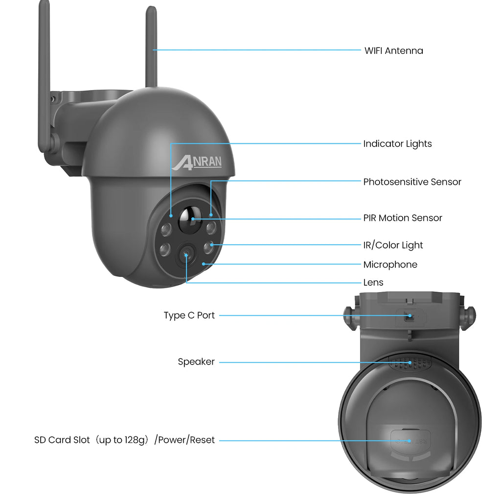 ANRAN Telecamera solare Wifi esterna 1296P Sorveglianza di sicurezza domestica Telecamera wireless Faretto Sirena Allarme Rilevamento umanoide intelligente