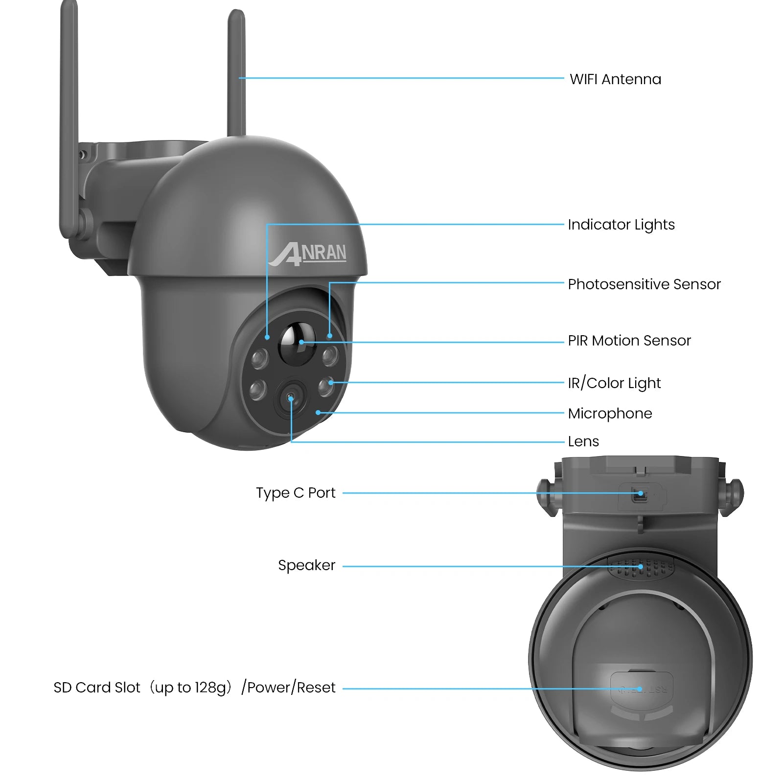 ANRAN Telecamera solare Wifi esterna 1296P Sorveglianza di sicurezza domestica Telecamera wireless Faretto Sirena Allarme Rilevamento umanoide intelligente