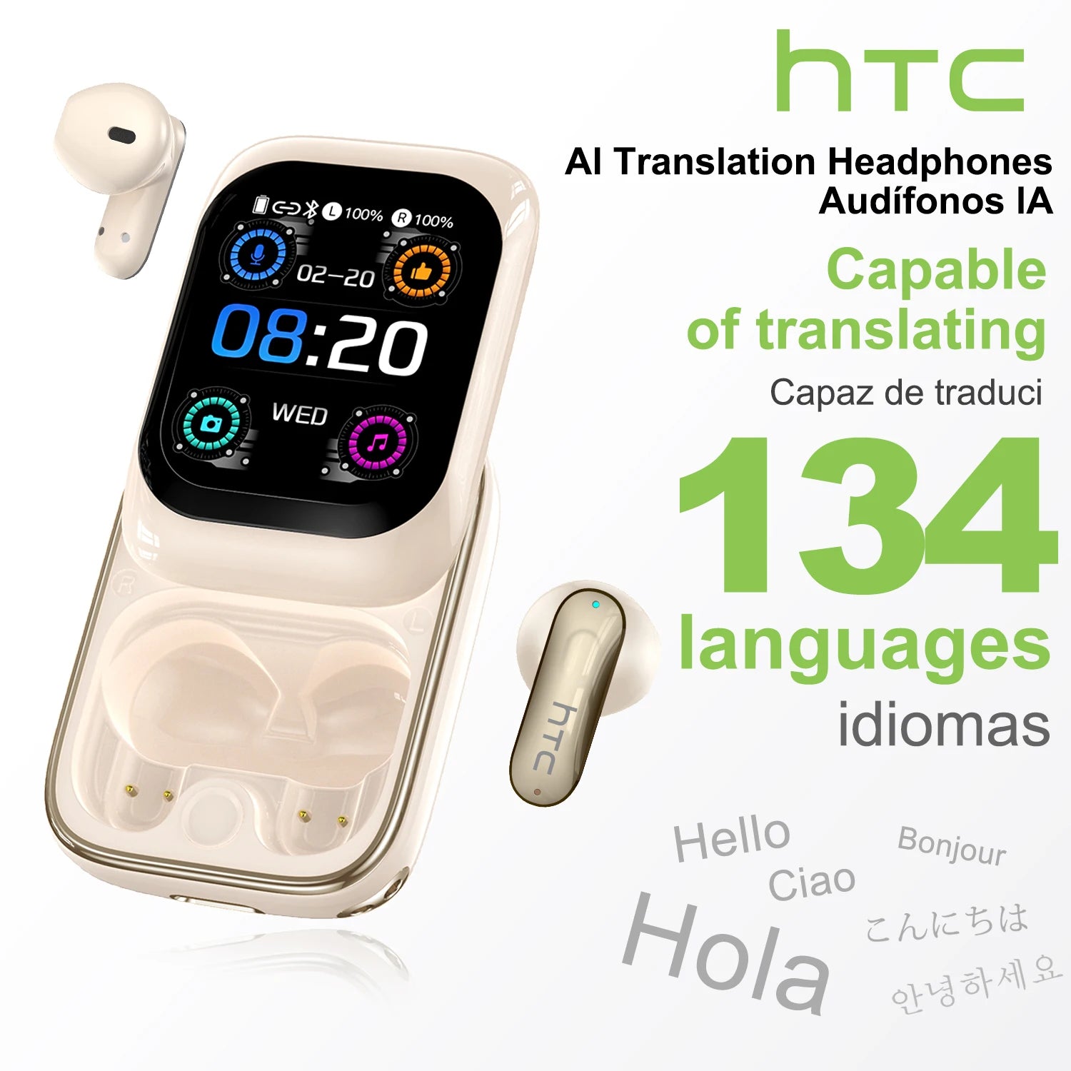 Auricolari HTC NE48 Bluetooth V6.0 Traduttore AI Auricolari TWS Sport Cuffie wireless Cuffie laterali Schermo Ultra HD