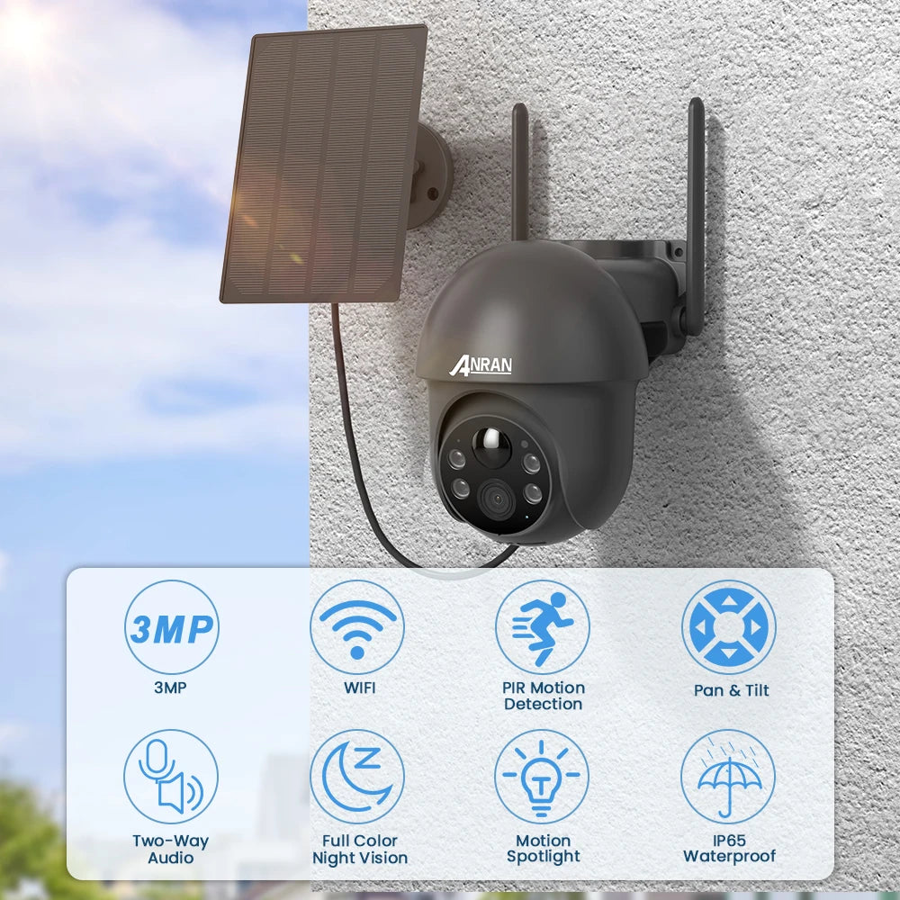 ANRAN Telecamera solare Wifi esterna 1296P Sorveglianza di sicurezza domestica Telecamera wireless Faretto Sirena Allarme Rilevamento umanoide intelligente
