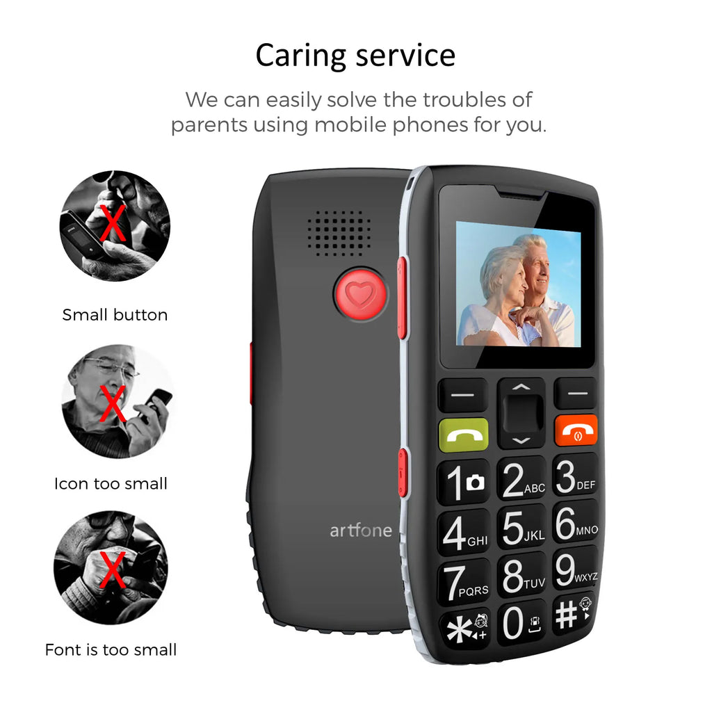 Bar Senior Mobile Phone Artfone C1+ With Free Charging Dock C1 Big Rubber Keypad  For Elderly Dual Sim One Key SOS FM 1400mAh