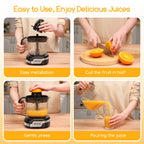 Aigostar Spremiagrumi elettrico, grande volume da 1,2 litri, Spremiagrumi con indicatore LED, 40W, 2 coni staccabili, Doppio Senso di Giro, Base in acciaio inox, Nero, Juicy