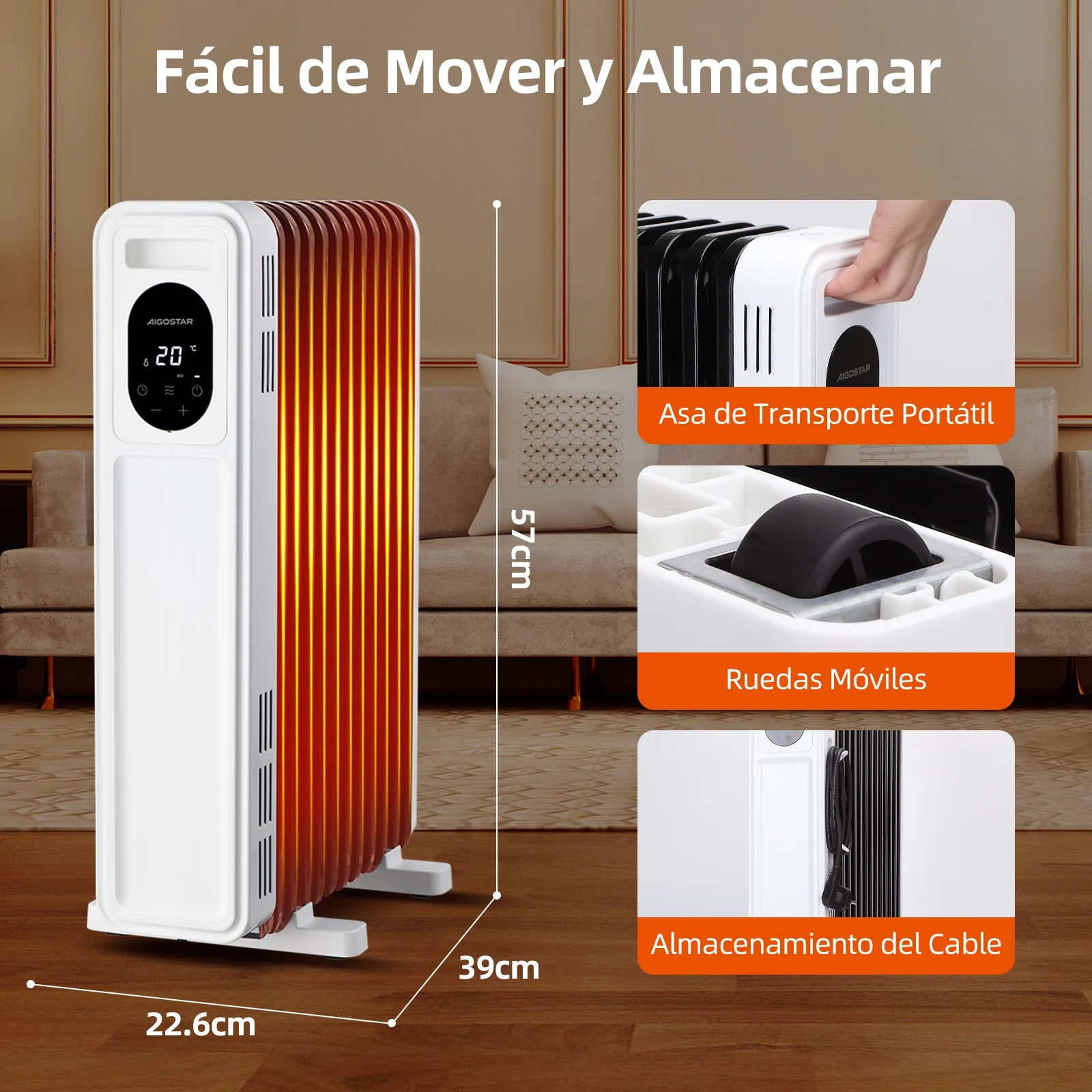 Aigostar Radiatore ad Olio 2300W, 11 Elementi Riscaldatore Elettrico Portatile, 3 Livelli di Calore con Modalità ECO, Timer 24H, Touch screen digitale, Telecomando, Hyperheat, Protezione Multipla