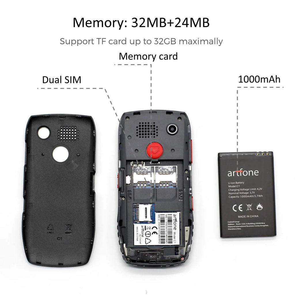 Bar Senior Mobile Phone Artfone C1+ With Free Charging Dock C1 Big Rubber Keypad  For Elderly Dual Sim One Key SOS FM 1400mAh