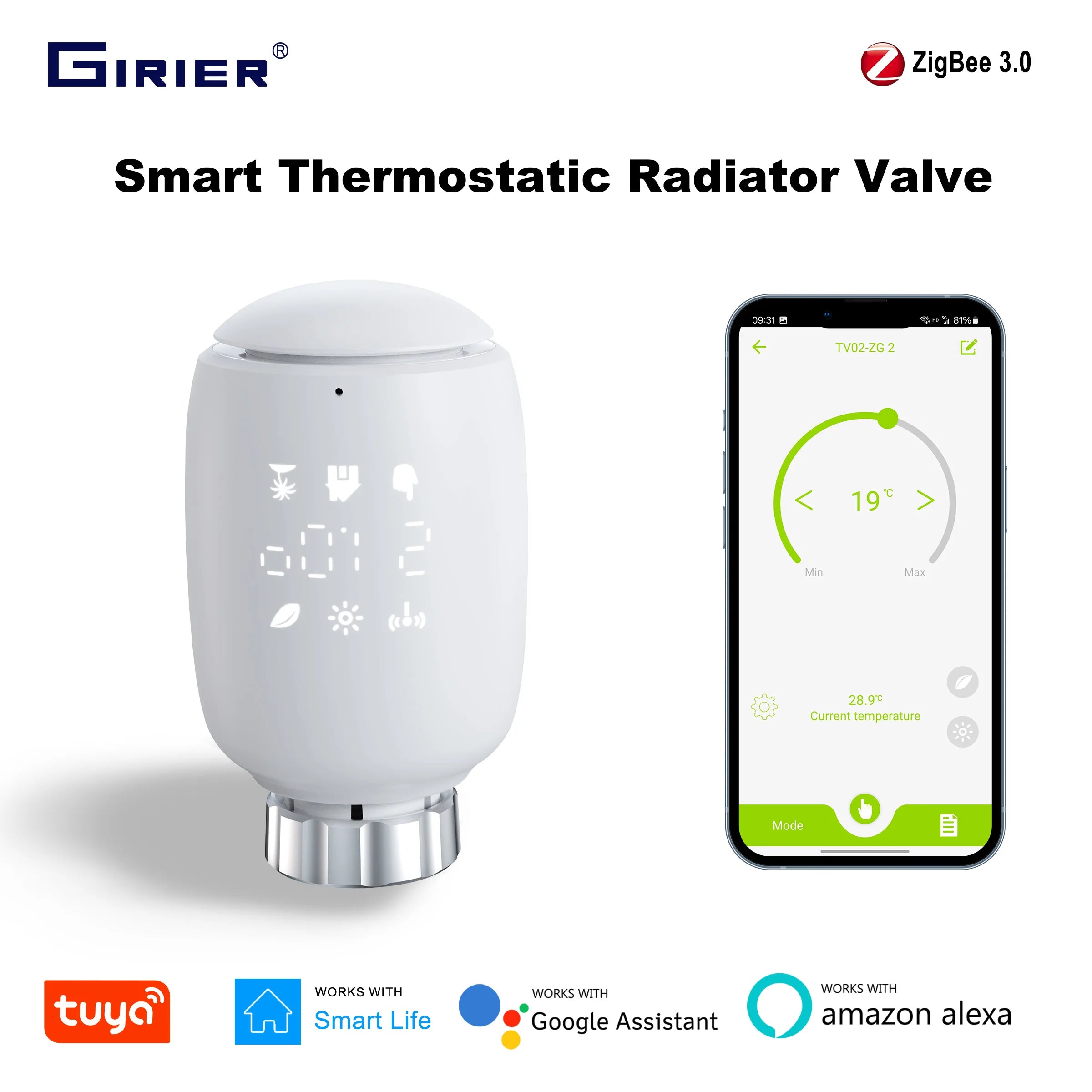 GIRIER ZigBee Valvola termostatica per radiatore Tuya Smart TRV Regolatore di temperatura programmabile Termostato per radiatore Funziona con Alexa