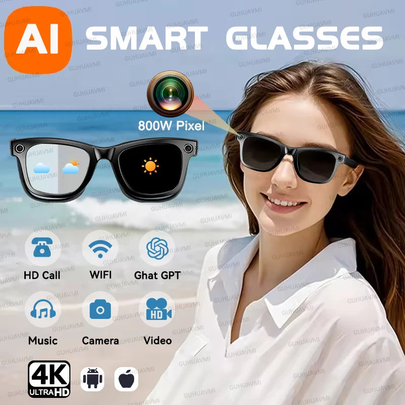 Fashion New 8 Million Pixels Smart Glasses Recording Videos AI Photo Recognition Translation IP65 Waterproof Bluetooth Glasses ﻿