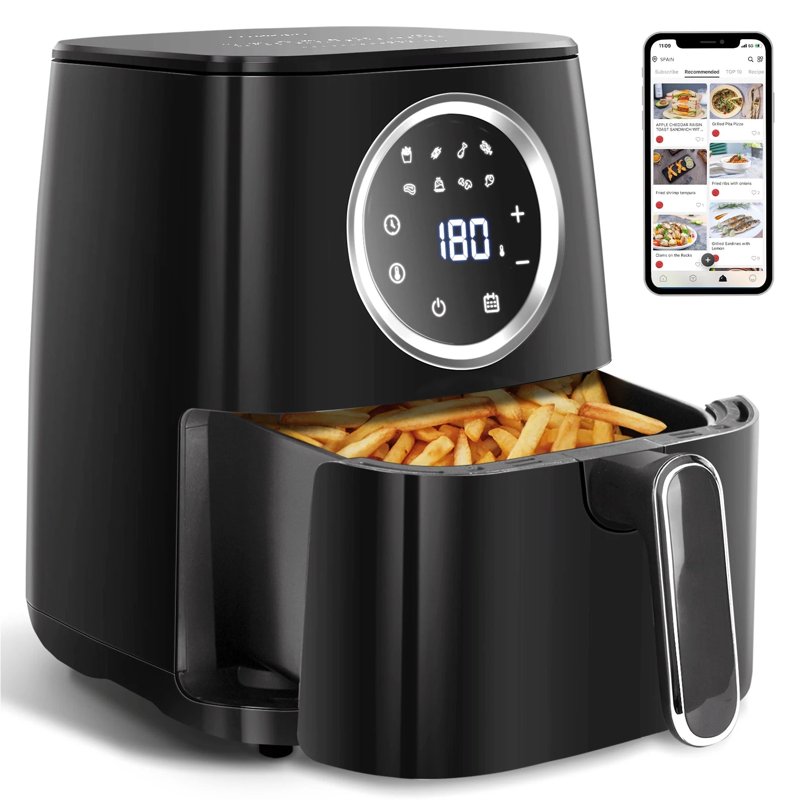 Friggitrice ad aria Aigostar Odin, libro di ricette 8 in 1, friggitrice senza olio da 1400W, 4.2L, Touch Screen a LED, slot per collettori di cavi, senza BPA, Remo