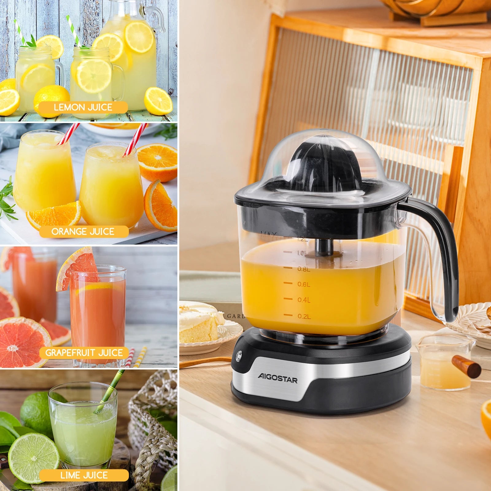 Aigostar Spremiagrumi elettrico, grande volume da 1,2 litri, Spremiagrumi con indicatore LED, 40W, 2 coni staccabili, Doppio Senso di Giro, Base in acciaio inox, Nero, Juicy