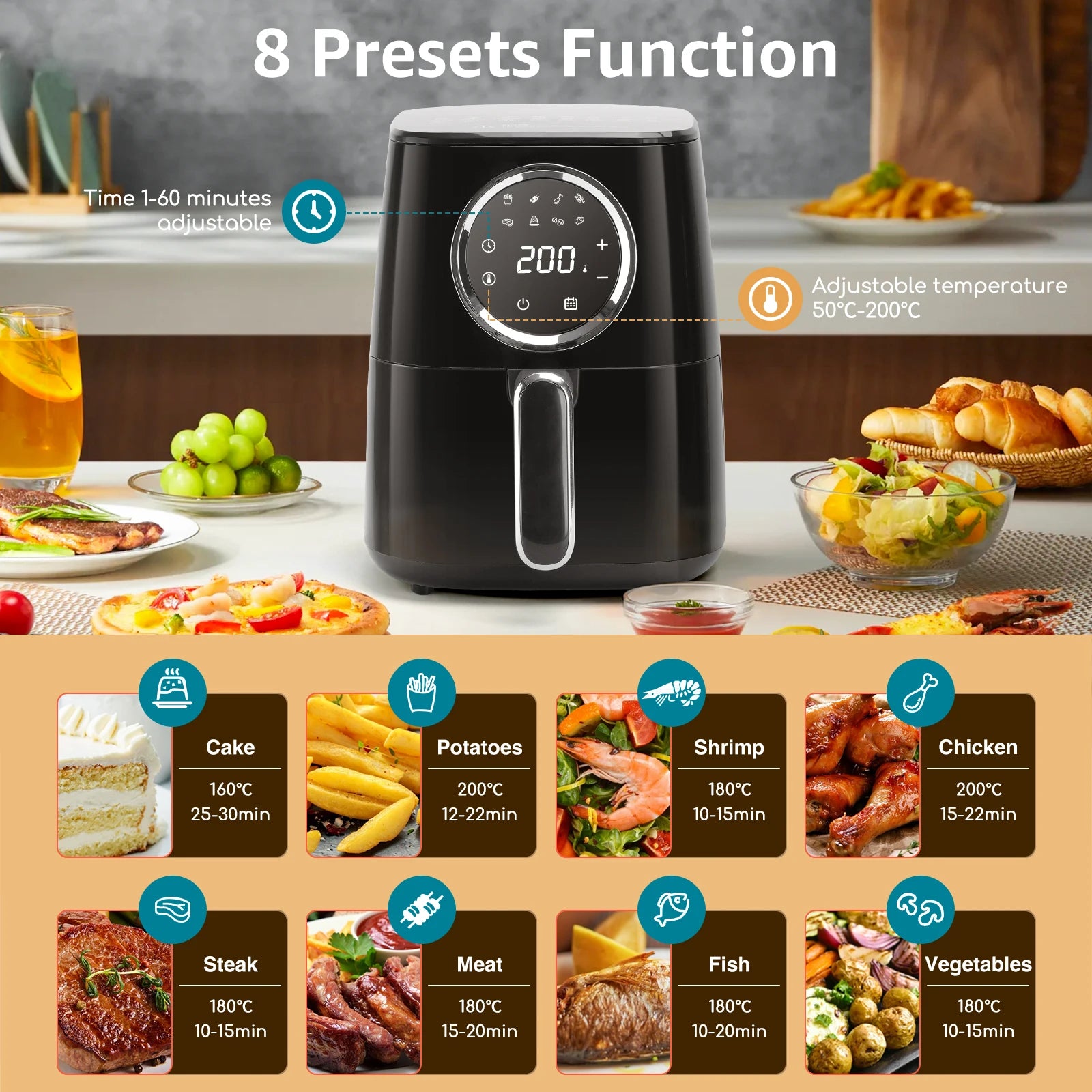 Friggitrice ad aria Aigostar Odin, libro di ricette 8 in 1, friggitrice senza olio da 1400W, 4.2L, Touch Screen a LED, slot per collettori di cavi, senza BPA, Remo