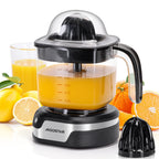 Aigostar Spremiagrumi elettrico, grande volume da 1,2 litri, Spremiagrumi con indicatore LED, 40W, 2 coni staccabili, Doppio Senso di Giro, Base in acciaio inox, Nero, Juicy