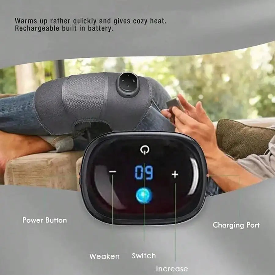 Cuscinetto per massaggio al ginocchio riscaldato e vibrante, pulsante intelligente, multi-livello regolabile, display