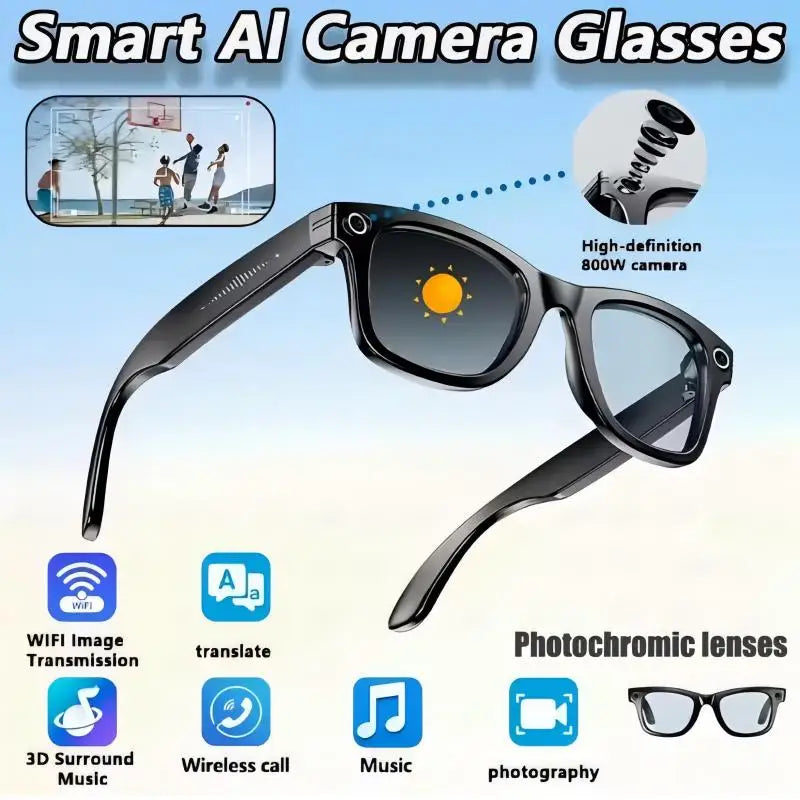 8MP camera smart glasses with 1080P HD video recording, 4K resolution, metal semi-rimless design, photochromic lenses