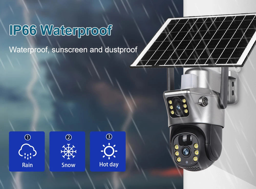 4G Sim Card Telecamera solare Doppia lente Esterna 8MP 4K Batteria a bassa potenza Telecamera IP PIR Visione notturna V380 Pro CCTV Protezione di sicurezza