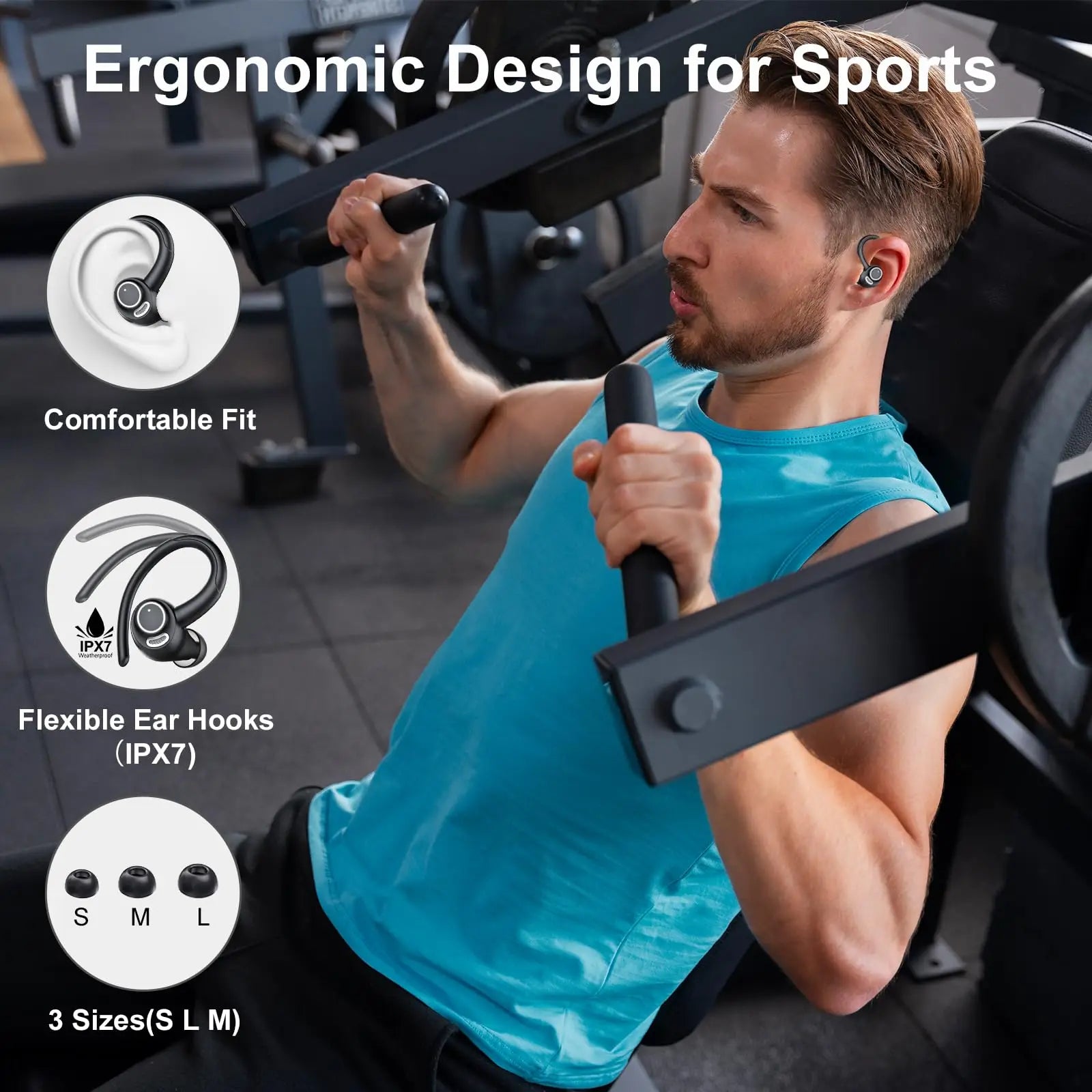 Cuffie Auricolari wireless Sport, Auricolari wireless 48 ore con microfono HD, Auricolari impermeabili IP7 per sport/correre/allenamento.