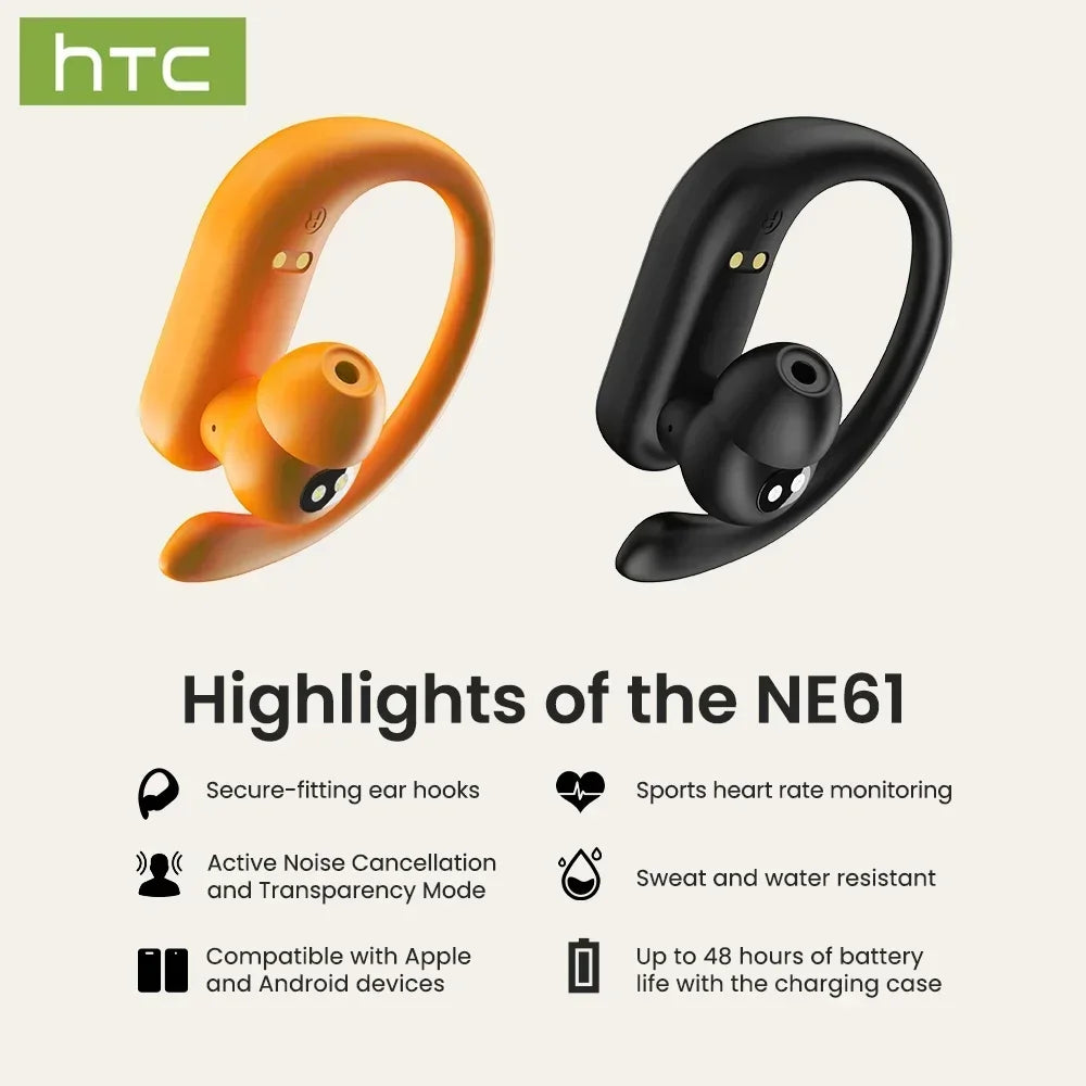 HTC NE61 Auricolari Bluetooth Riduzione del rumore Cuffie wireless sportive Traduttore AI Auricolari per cardiofrequenzimetro