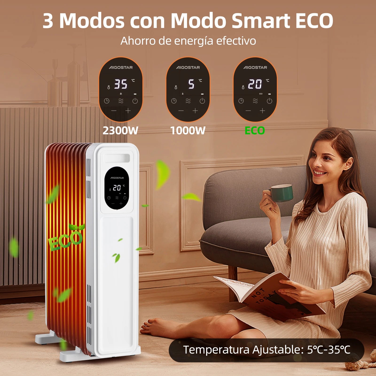 Aigostar Radiatore ad Olio 2300W, 11 Elementi Riscaldatore Elettrico Portatile, 3 Livelli di Calore con Modalità ECO, Timer 24H, Touch screen digitale, Telecomando, Hyperheat, Protezione Multipla