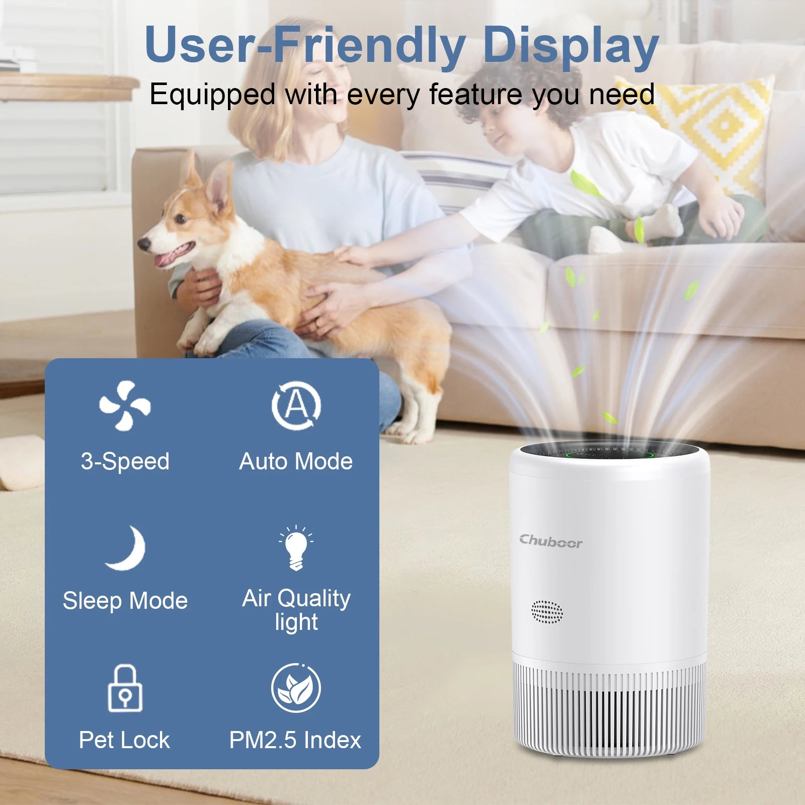Chuboor Purificatore d'Aria Intelligente per Camera da Letto Casa, Controllo App/Alexa, Monitor PM2.5 Purificatore d'Aria HEPA per Camera da Letto Soggiorno per Animali Domestici