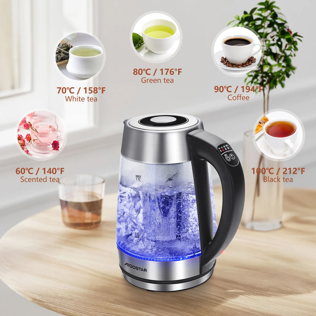 Aigostar Cris-bollitore, vetro borosilicato con infusore per il tè, 5 impostazioni di temperatura, 1.7L, 2200W, funzione di mantenimento in caldo, luci a LED