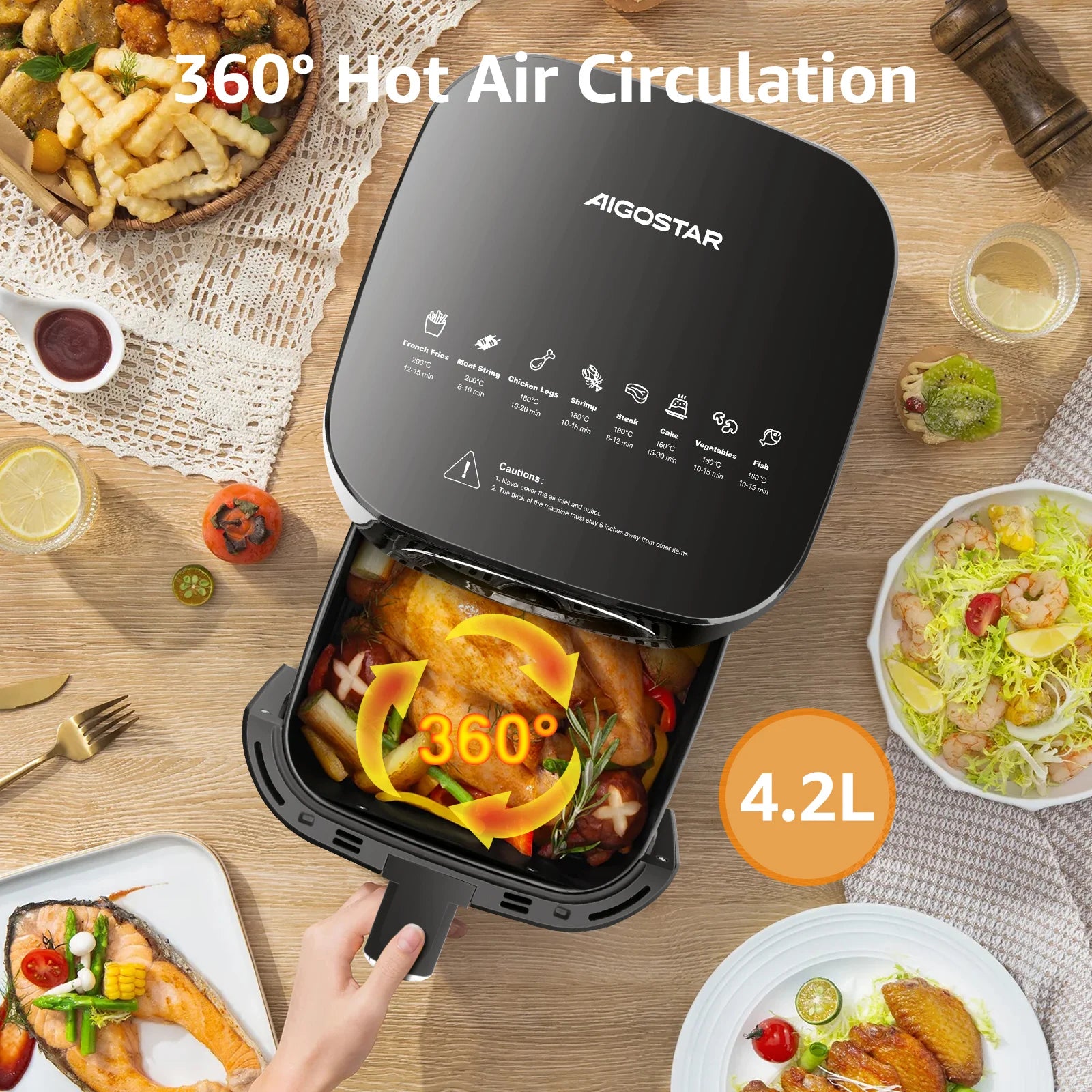 Friggitrice ad aria Aigostar Odin, libro di ricette 8 in 1, friggitrice senza olio da 1400W, 4.2L, Touch Screen a LED, slot per collettori di cavi, senza BPA, Remo