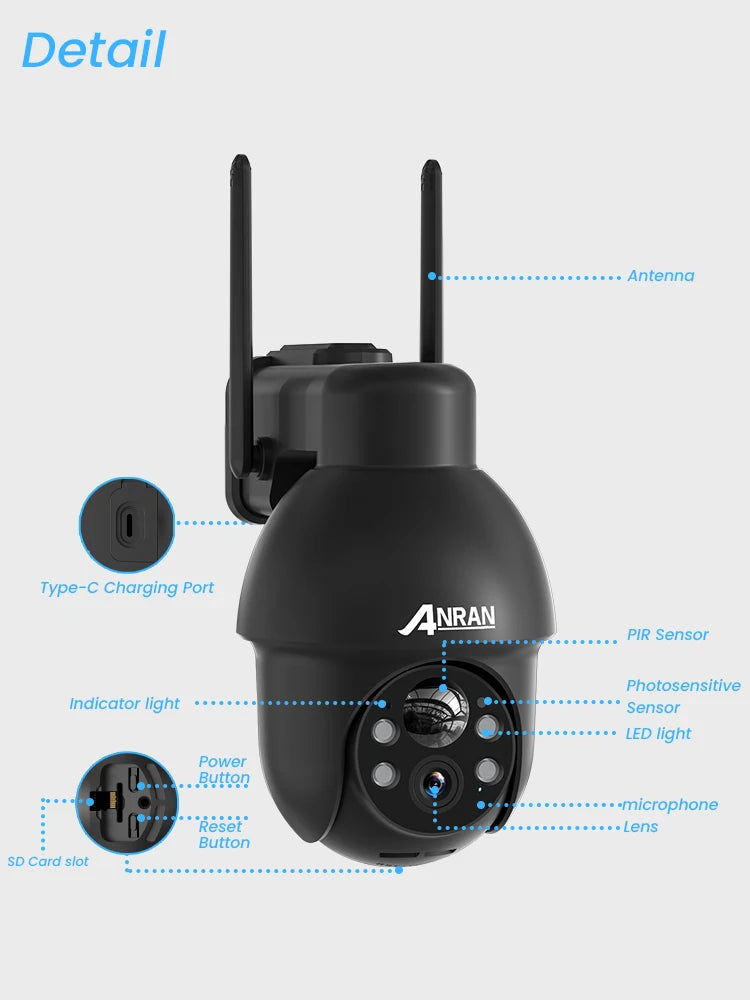 ANRAN Telecamera di sicurezza wireless solare Telecamera Wi-Fi solare esterna da 3 MP Voce bidirezionale IP66 Faretto flash con visione remota impermeabile
