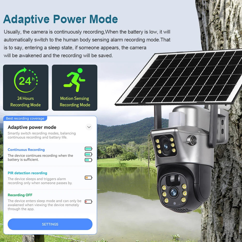 4G Sim Card Telecamera solare Doppia lente Esterna 8MP 4K Batteria a bassa potenza Telecamera IP PIR Visione notturna V380 Pro CCTV Protezione di sicurezza