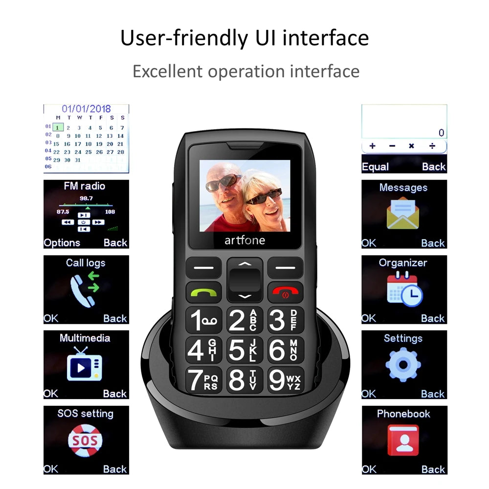 Bar Senior Mobile Phone Artfone C1+ With Free Charging Dock C1 Big Rubber Keypad  For Elderly Dual Sim One Key SOS FM 1400mAh