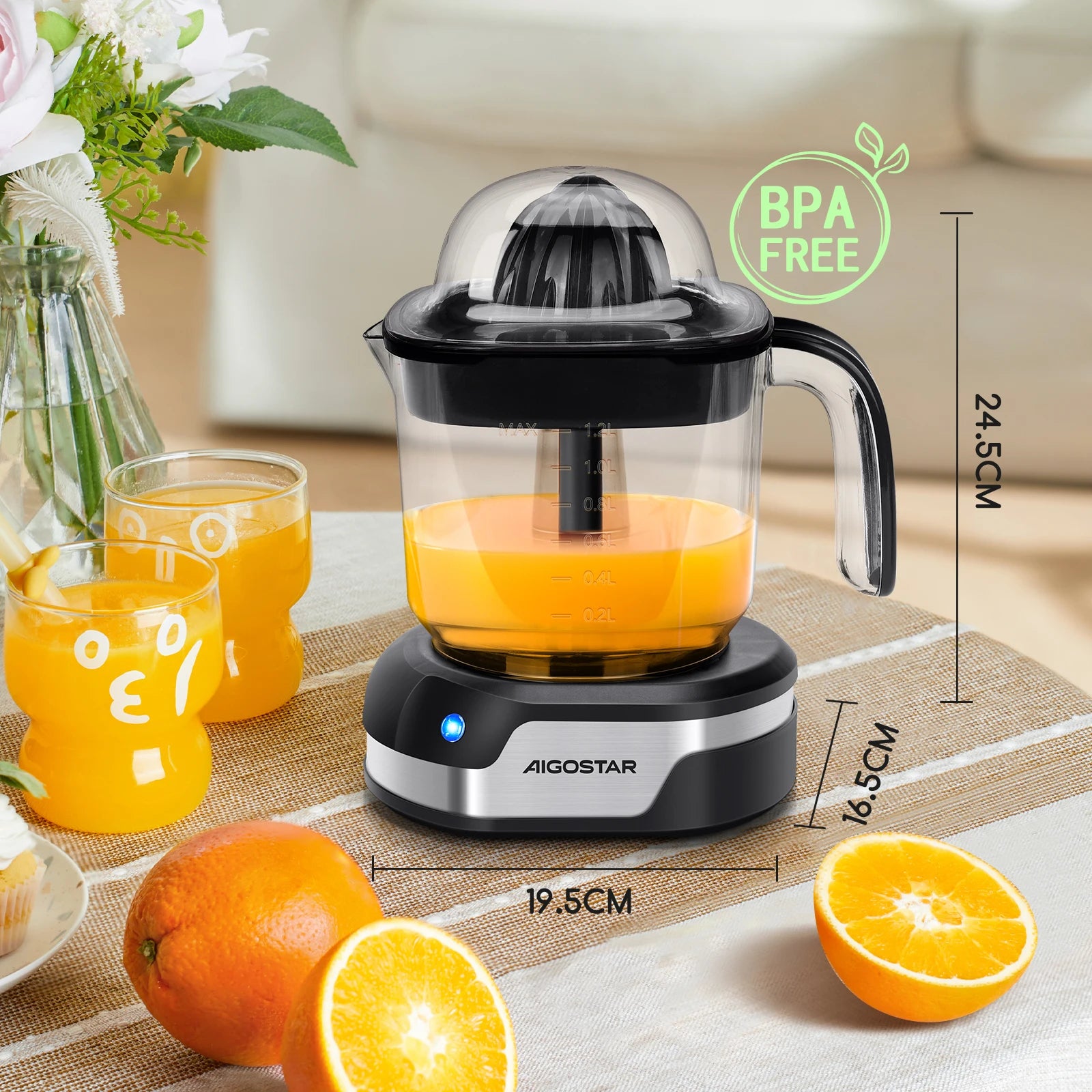 Aigostar Spremiagrumi elettrico, grande volume da 1,2 litri, Spremiagrumi con indicatore LED, 40W, 2 coni staccabili, Doppio Senso di Giro, Base in acciaio inox, Nero, Juicy