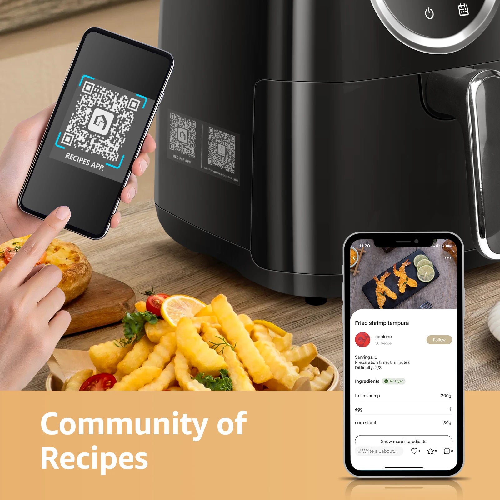 Friggitrice ad aria Aigostar Odin, libro di ricette 8 in 1, friggitrice senza olio da 1400W, 4.2L, Touch Screen a LED, slot per collettori di cavi, senza BPA, Remo