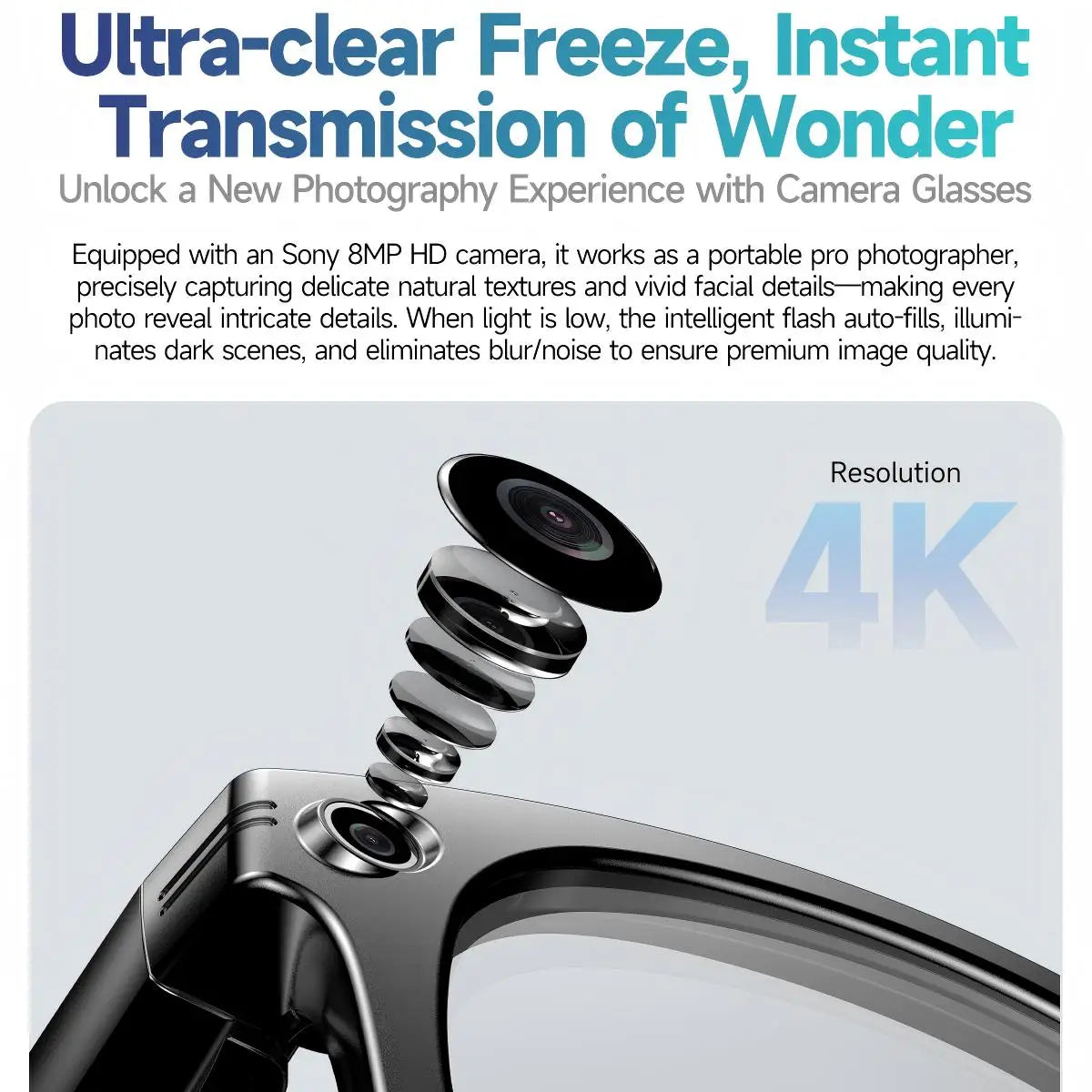 8MP camera smart glasses with 1080P HD video recording, 4K resolution, metal semi-rimless design, photochromic lenses