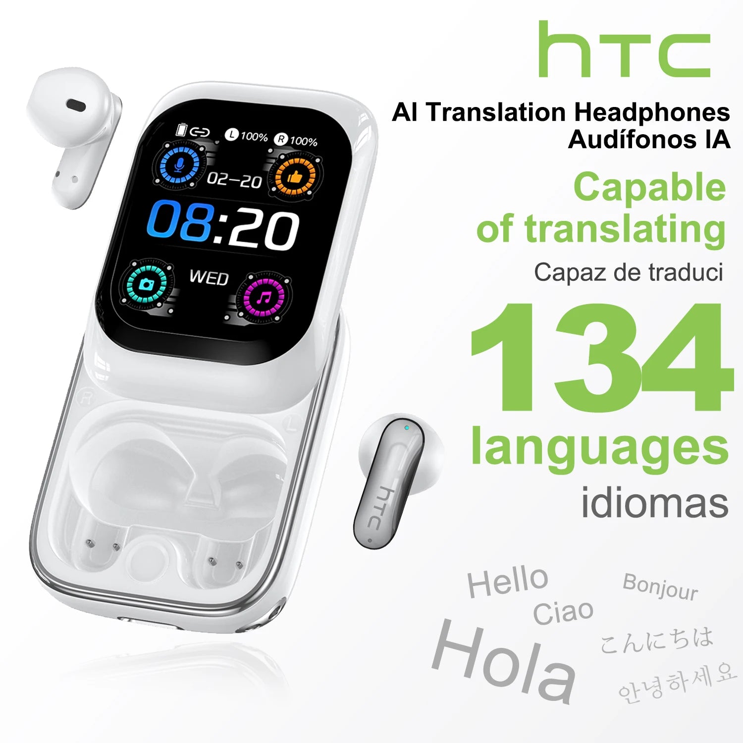 Auricolari HTC NE48 Bluetooth V6.0 Traduttore AI Auricolari TWS Sport Cuffie wireless Cuffie laterali Schermo Ultra HD