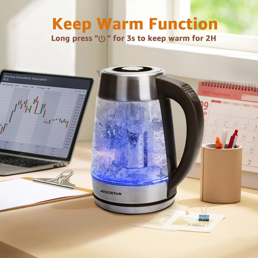 Aigostar Cris-bollitore, vetro borosilicato con infusore per il tè, 5 impostazioni di temperatura, 1.7L, 2200W, funzione di mantenimento in caldo, luci a LED