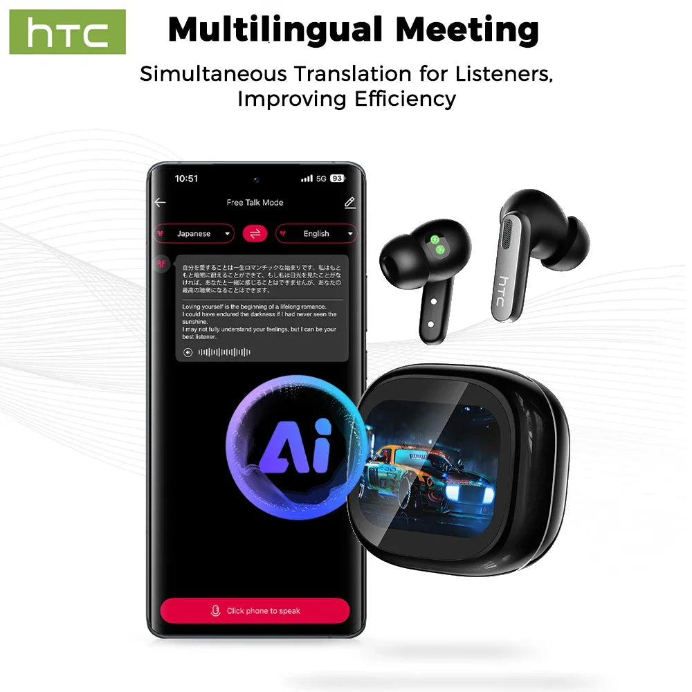 HTC NE46 Cuffie Bluetooth wireless sportive con cardiofrequenzimetro Touchscreen LED Riduzione del rumore Traduttore AI in-ear Earbu