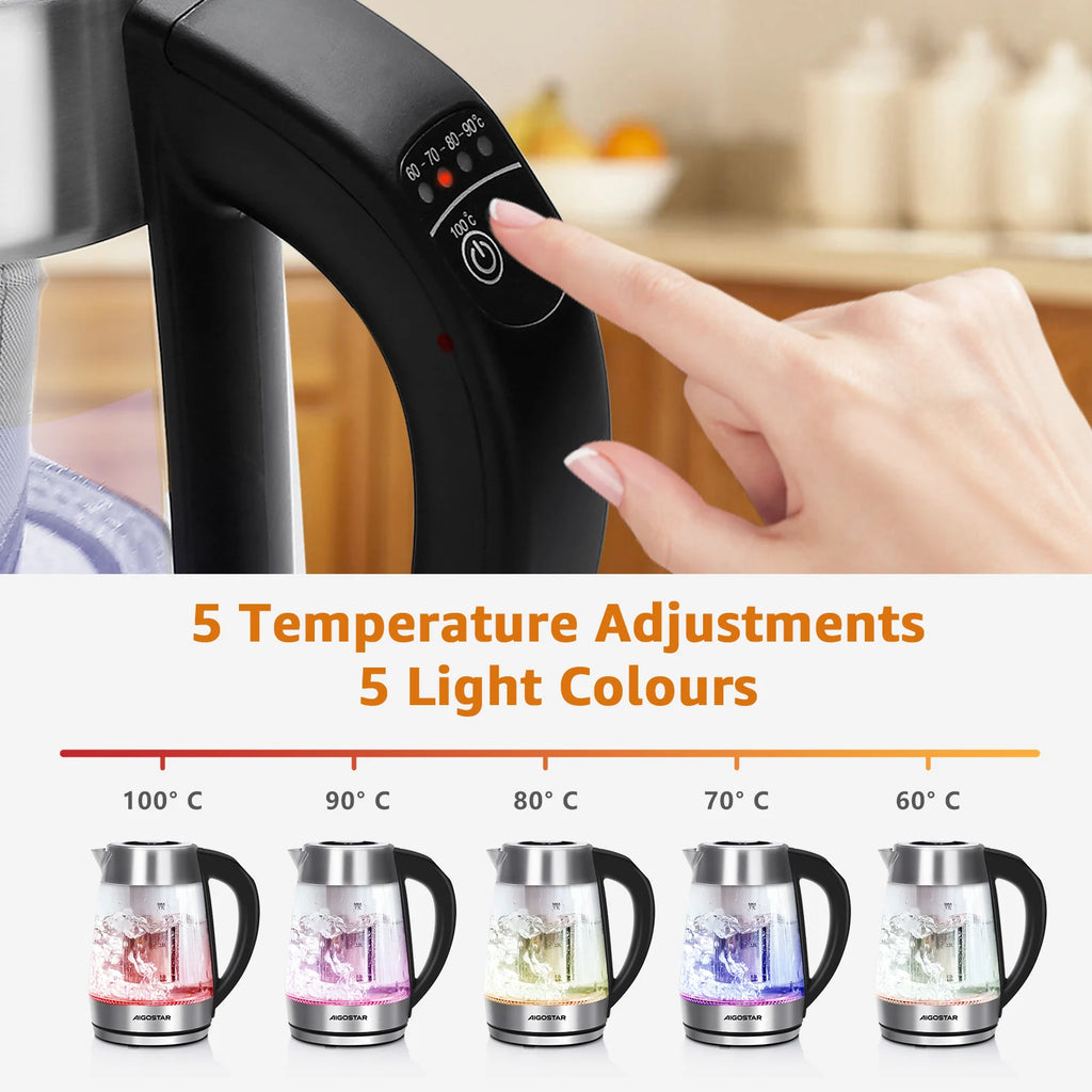 Aigostar Cris-bollitore, vetro borosilicato con infusore per il tè, 5 impostazioni di temperatura, 1.7L, 2200W, funzione di mantenimento in caldo, luci a LED