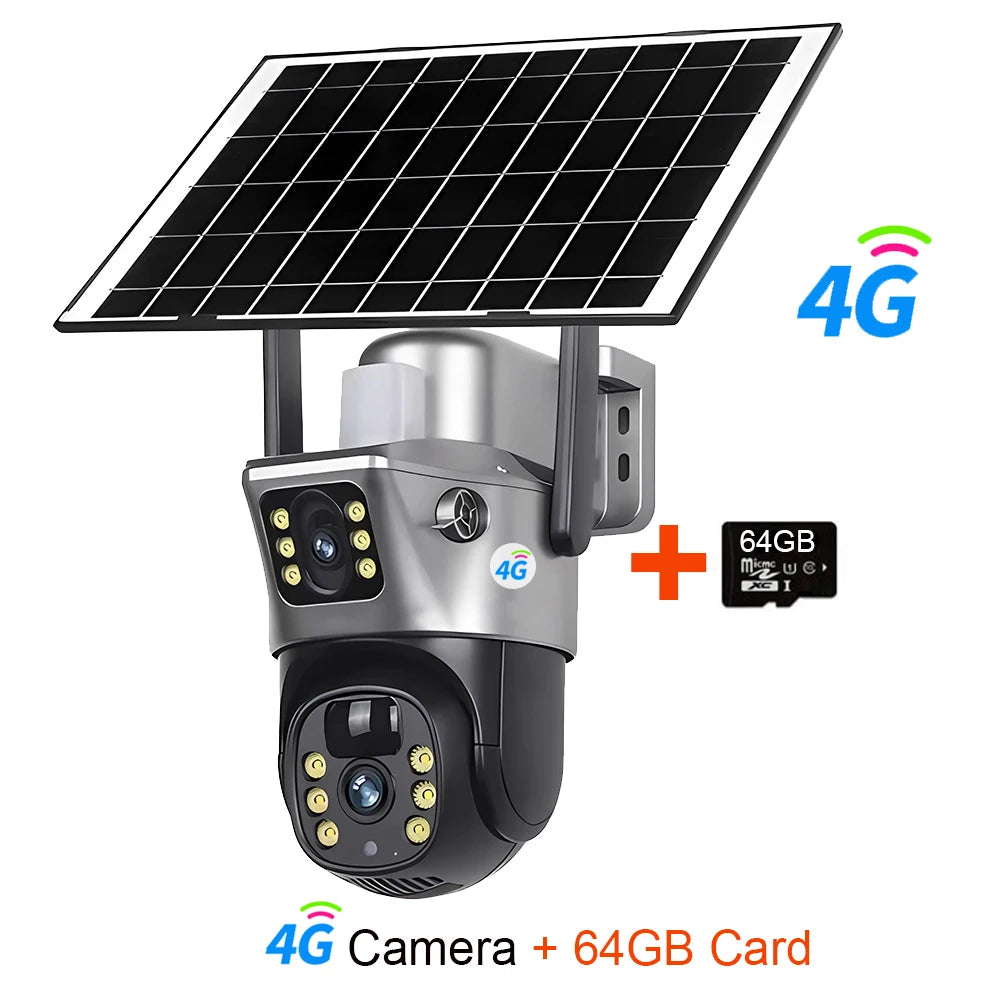 4G Sim Card Telecamera solare Doppia lente Esterna 8MP 4K Batteria a bassa potenza Telecamera IP PIR Visione notturna V380 Pro CCTV Protezione di sicurezza