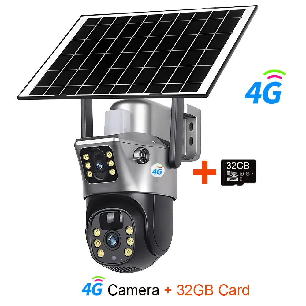 4G Sim Card Telecamera solare Doppia lente Esterna 8MP 4K Batteria a bassa potenza Telecamera IP PIR Visione notturna V380 Pro CCTV Protezione di sicurezza
