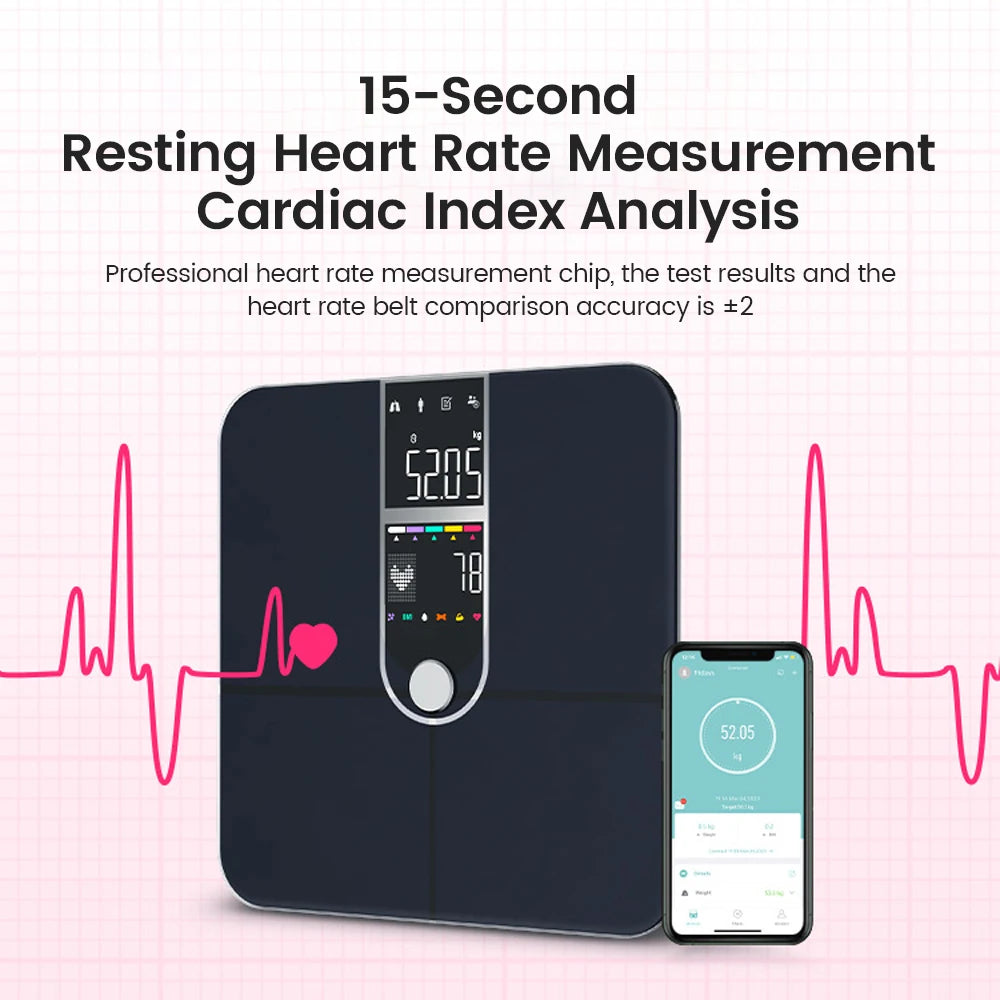 Grande displayScala di grasso corporeo,Scala di precisione con grasso corporeo e massa muscolare,Scala per persona con analisi del grasso corporeo,Frequenza cardiaca,BMI