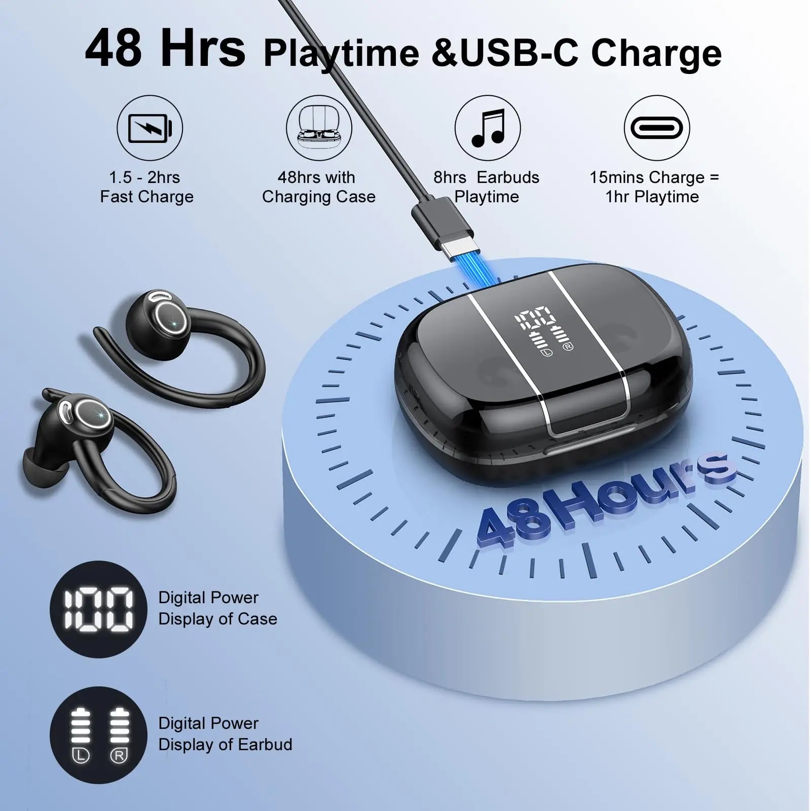 Cuffie Auricolari wireless Sport, Auricolari wireless 48 ore con microfono HD, Auricolari impermeabili IP7 per sport/correre/allenamento.