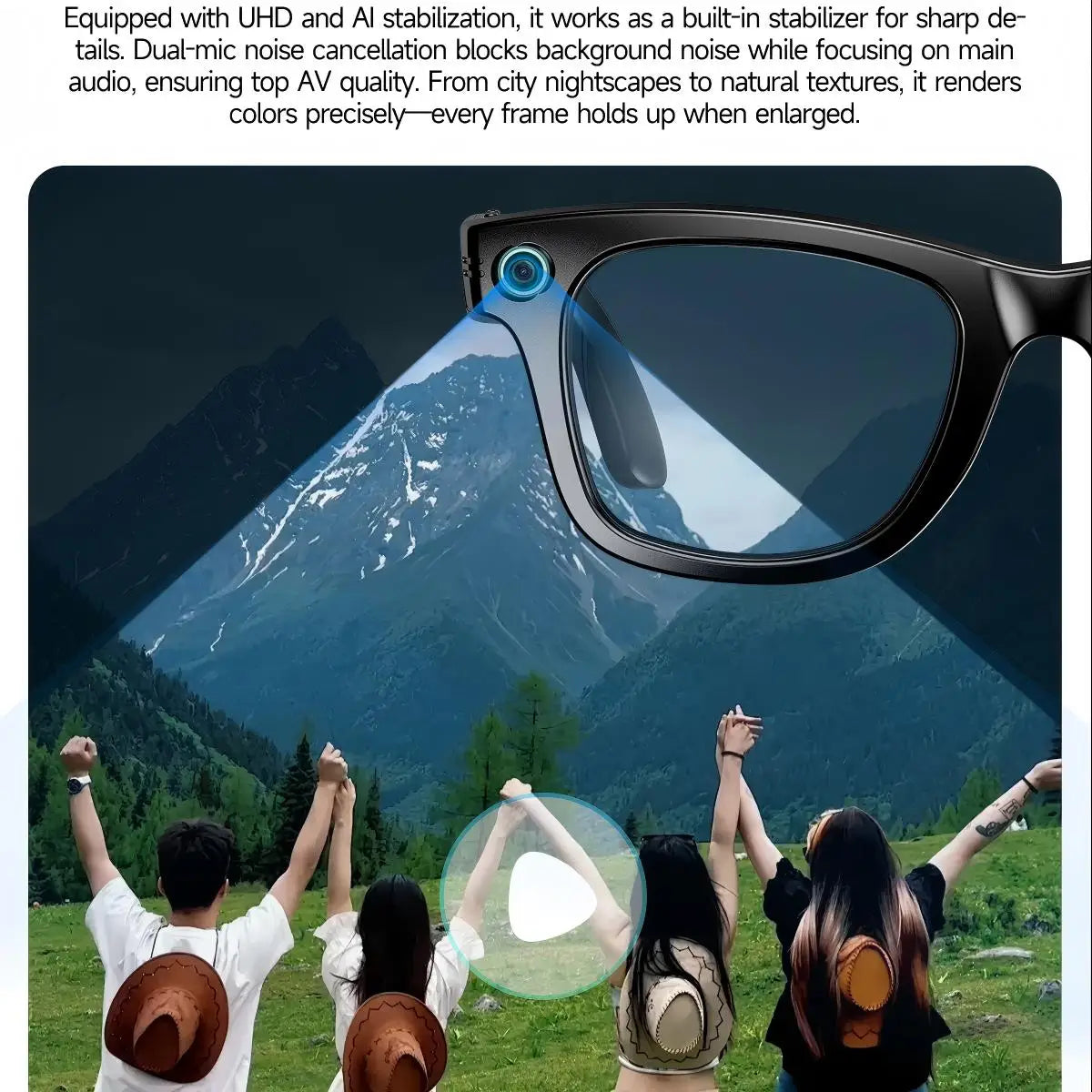 8MP camera smart glasses with 1080P HD video recording, 4K resolution, metal semi-rimless design, photochromic lenses