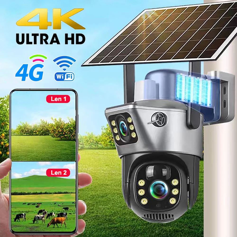 4G Sim Card Telecamera solare Doppia lente Esterna 8MP 4K Batteria a bassa potenza Telecamera IP PIR Visione notturna V380 Pro CCTV Protezione di sicurezza