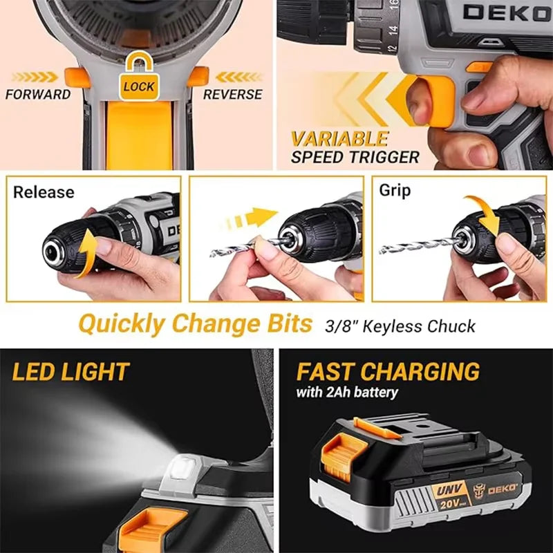 Kit trapano a batteria DEKO da 20 V con batteria, riparazione manuale, trapano da uomo, cassetta degli attrezzi di base, adatto per utensili domestici
